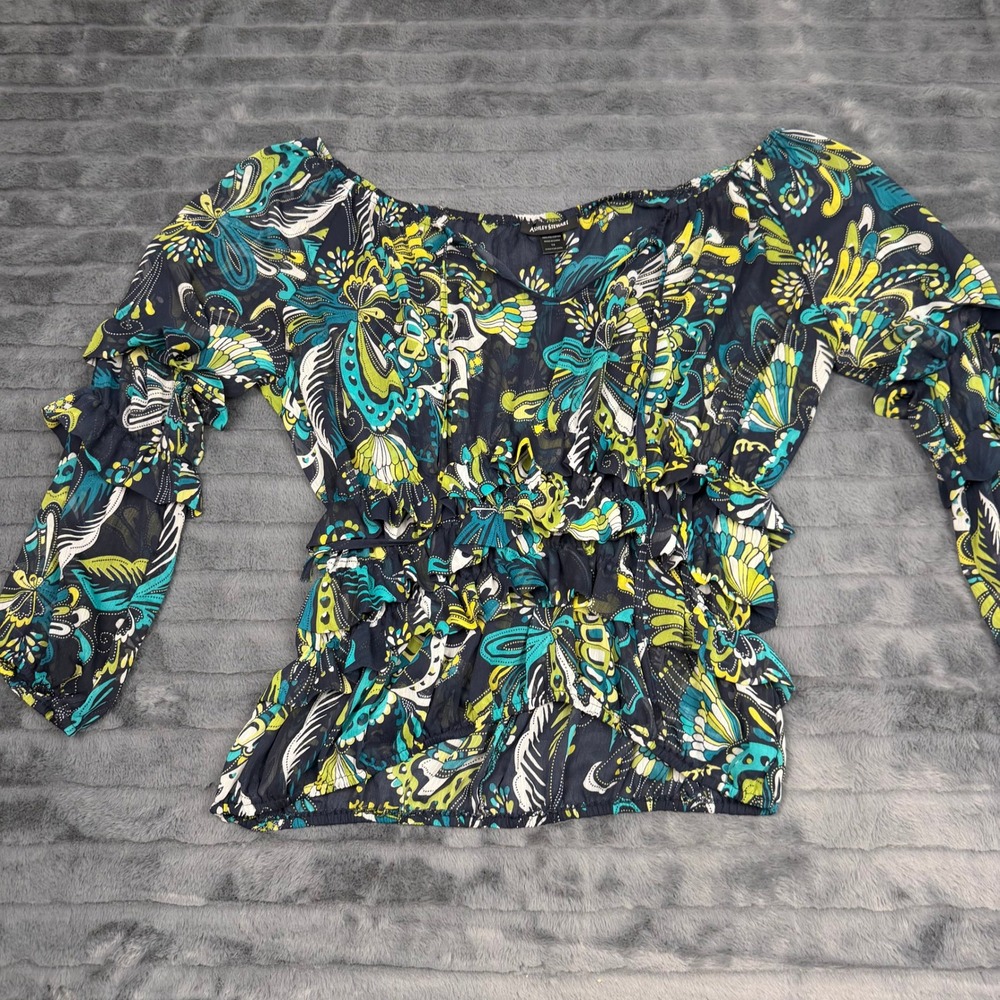 Ashley Stewart Womens Size 14 Paisley Ruffle Off Shoulder Blouse Navy Teal Multi